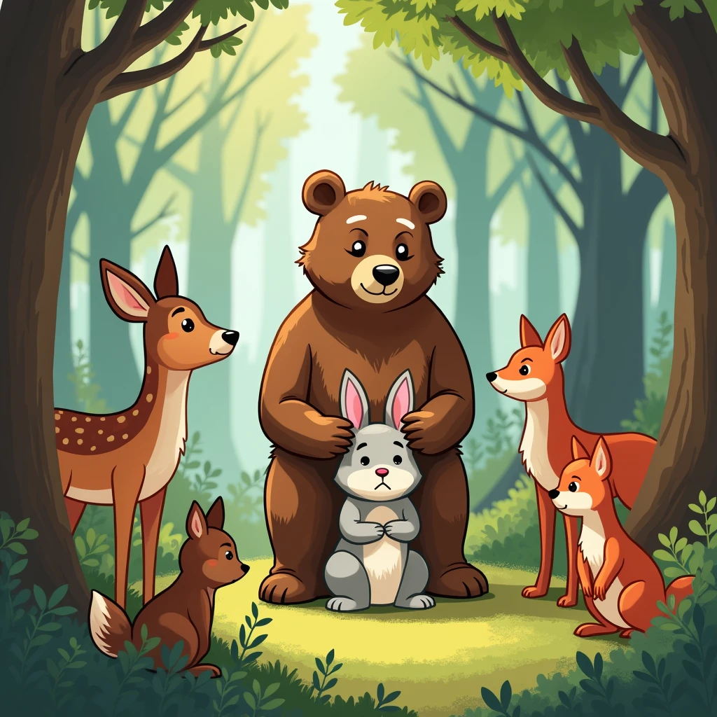 "A group of forest animals, including a deer, a fox, and a squirrel, gathered around a sad rabbit named Rosie. Benny the bear steps forward, offering his help to the distressed rabbit."