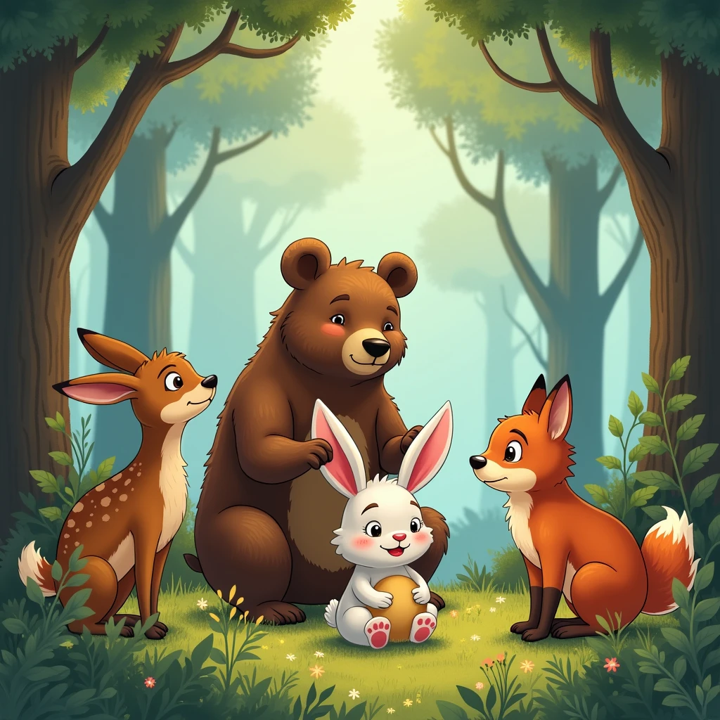 "A group of forest animals, including a deer, a fox, and a squirrel, gathered around a sad rabbit named Rosie. Benny the bear steps forward, offering his help to the distressed rabbit."