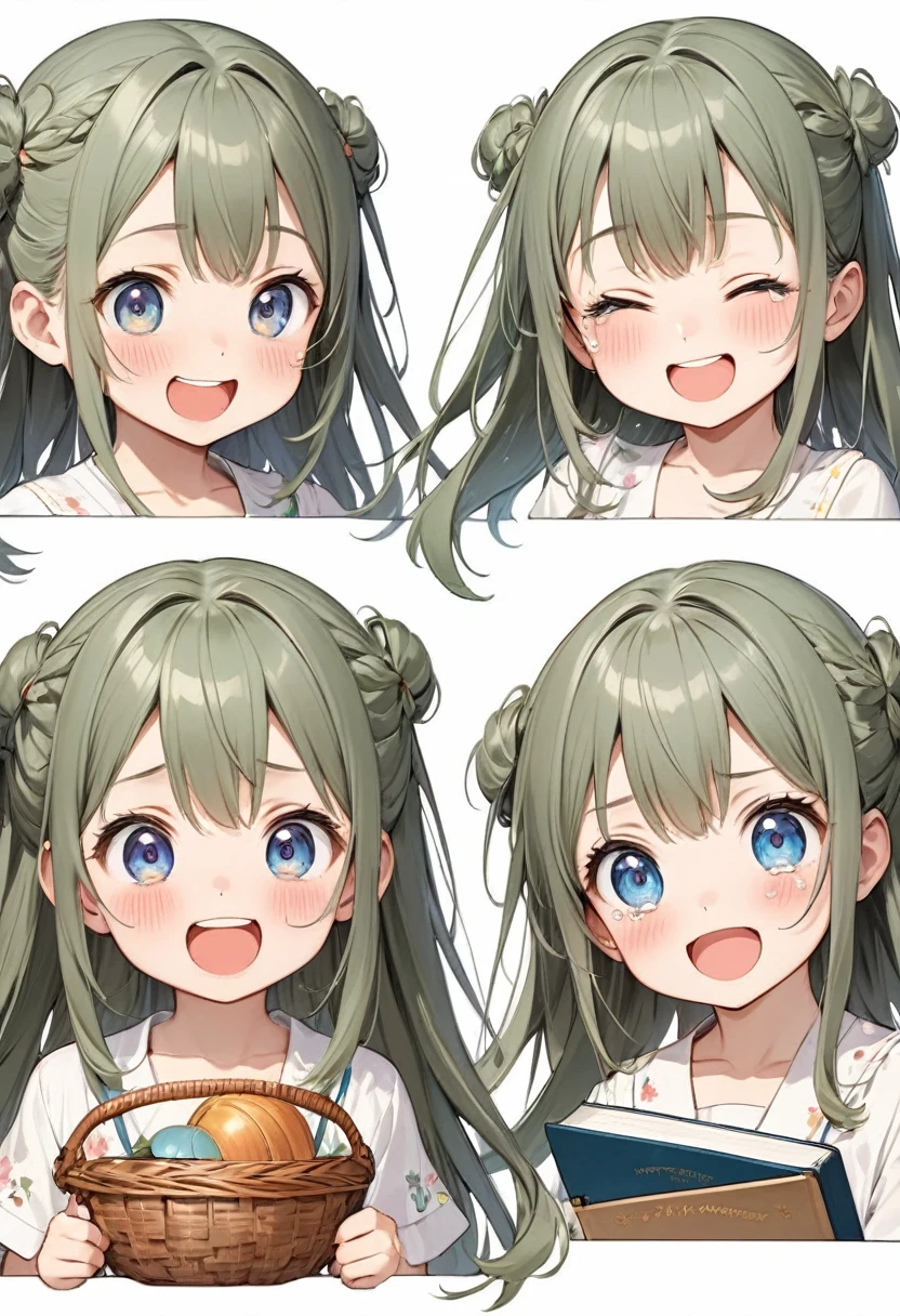  Accurate perfect anatomy, five different expressions, very cute little girl anime character image, hand holding book pose, light blue long hair, very cute little girl with different expressions, kaki pants and different colored fir clothes (Hairstyle light basket long hair) White background, detailed drawing, front view, side view, three-quarter view, smiling face, smiling, angry, happy, crying face, cute, exaggerated, different expressions, lifelike depiction, perfect artistic design, accurate, perfect anatomy, complex, extremely delicate texture, clear and detailed animation