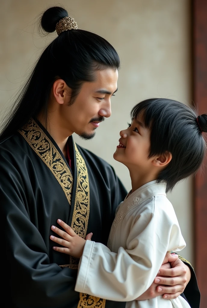 Set in wuxia world setting. A black hair male dayan military general wearing black robe with gold thread embroidery, look fondly at his black hair little male sweetheart that is a doctor and wearing white robe.