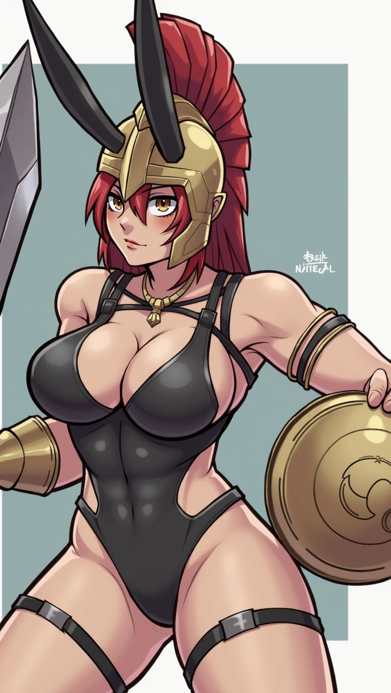 Generates a giant, light-skinned, muscular female gladiator with a golden helmet that covers her head with a red crest., an arm in armor with an antique white thong and golden boots, big ass and busty semi naked, with a helmet that hides his face (don't let his face be seen, only one arm with armor) big ass with a black strip like braziel and big ass with big buttocks, don't let his face be seen