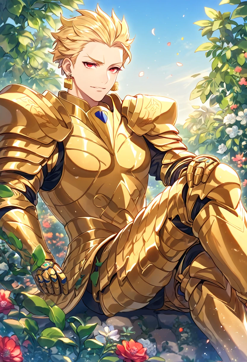 absurdres, highres, ultra detailed, HDR, master piece, best quality, extremely detailed face, delicated features, Gilgamesh, blonde hair, hair slicked up, ruffled hair, expressive red eyes, Fate Stay Night, solo, sexy man sitting, handsome, manly man, golden earrings, golden armor, fantasy, magical, radiant, flowers, garden, blue sky, green leaves