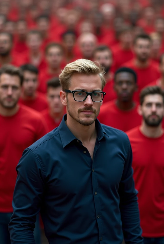 Young man approaching 30 years old, blond with mustache and glasses, wearing a long dark blue dress shirt, with a crowd dressed in red shirts behind and shouting