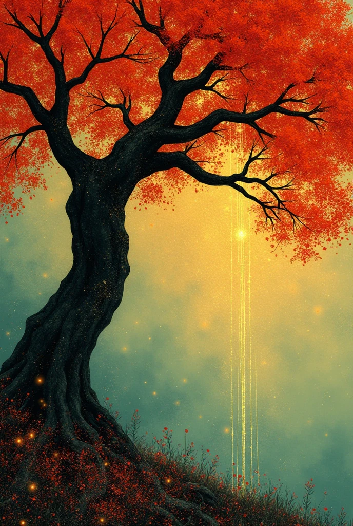 edmund dulac gemstone hanging tree japanoisme 1920's magical realism shimmer Ogata Kōrin Gustav Klimt intricate clear red glitter lightstreaks easy-on-the-eye butter yellow post-impressionism many colours glitter in the air watermarks