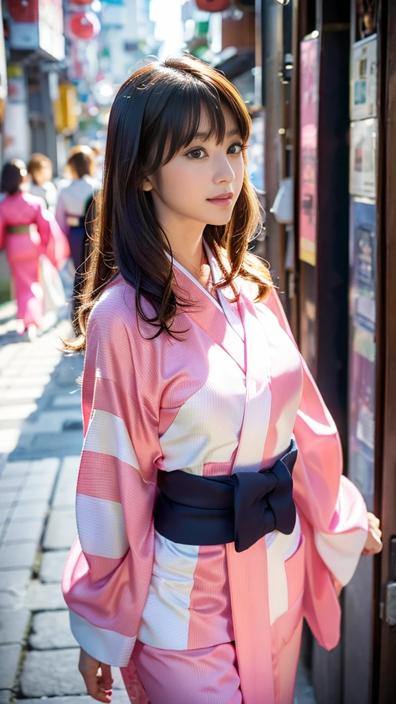 masterpiece, Highest quality,16K, Ultra-high resolution,The light and shadow of reality,Cinema Lenses,((Her waist is so slim and beautiful)),((High nose、Small Mouth)),((Clean and slim face line)),((Big dark eyes with long eyelashes)),((Very small face))((Very slim and beautiful arms)),((She is very thin and has a great figure)),((Pure white beautiful skin)),((Cute Japanese Girls)),(((Wearing a bright pink kimono、yukata))),((Walking the streets of Tokyo)),(Beautiful Eyes:1.1),Reflecting clear eyes and a gentle smile,