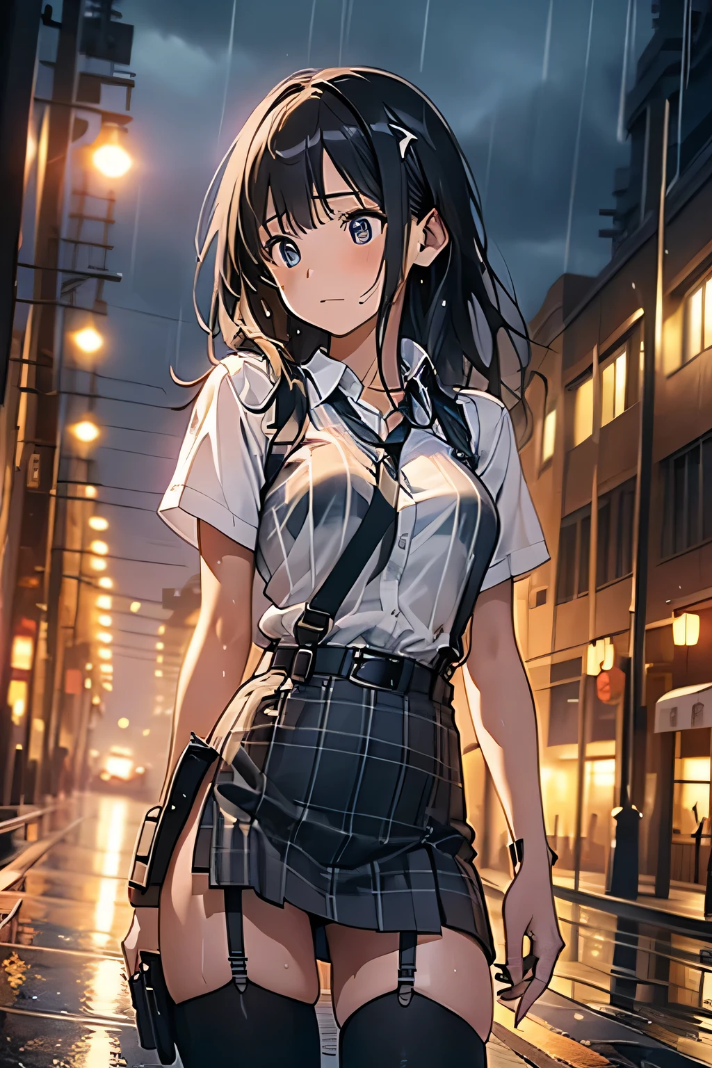 1 female, , high quality, masterpiece, Ultra-high resolution, Cinema Lighting, 1 female, , high quality, masterpiece, Ultra-high resolution, , Cinema Lighting, suspenders Moderate breasts Small face Looking up Sweat Thin belt buzzer 脇Sweat garter belt Belt on pants holster Hands behind your back Looking up Anxious face Knee-high Knee socks Knee-highソックス garter ふとももにgarter belt Checkered mini skirt Panty shot Skirt gap Armament holster holster Hands behind your back Anxious expression Anxious face, legs apart Armament Leg Holster holster See-through clothing heavy rain Rain-soaked dress shirt,Moderate breasts ガーターbelt suspenders Garter on the thigh Checkered mini skirt Looking up Pause belt Armpit sweat Hands behind back Raise your hands heavy rain See-through Getting wet in the rain
