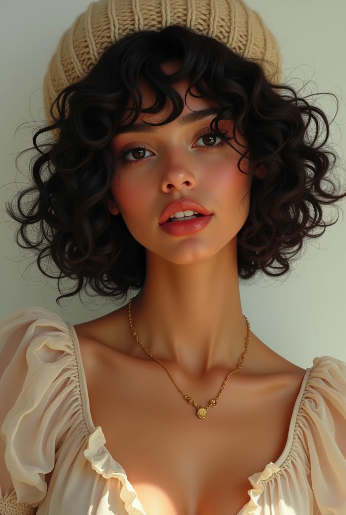 A woman with short hair got curly hair wears a blouse and wears a beanie eye color is black skin is tan