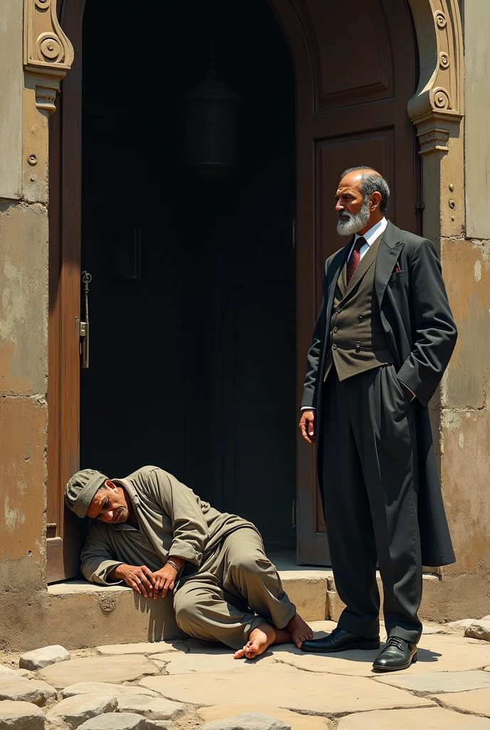A poor person lays on masjid door and some rich guy watching him with contempt.
