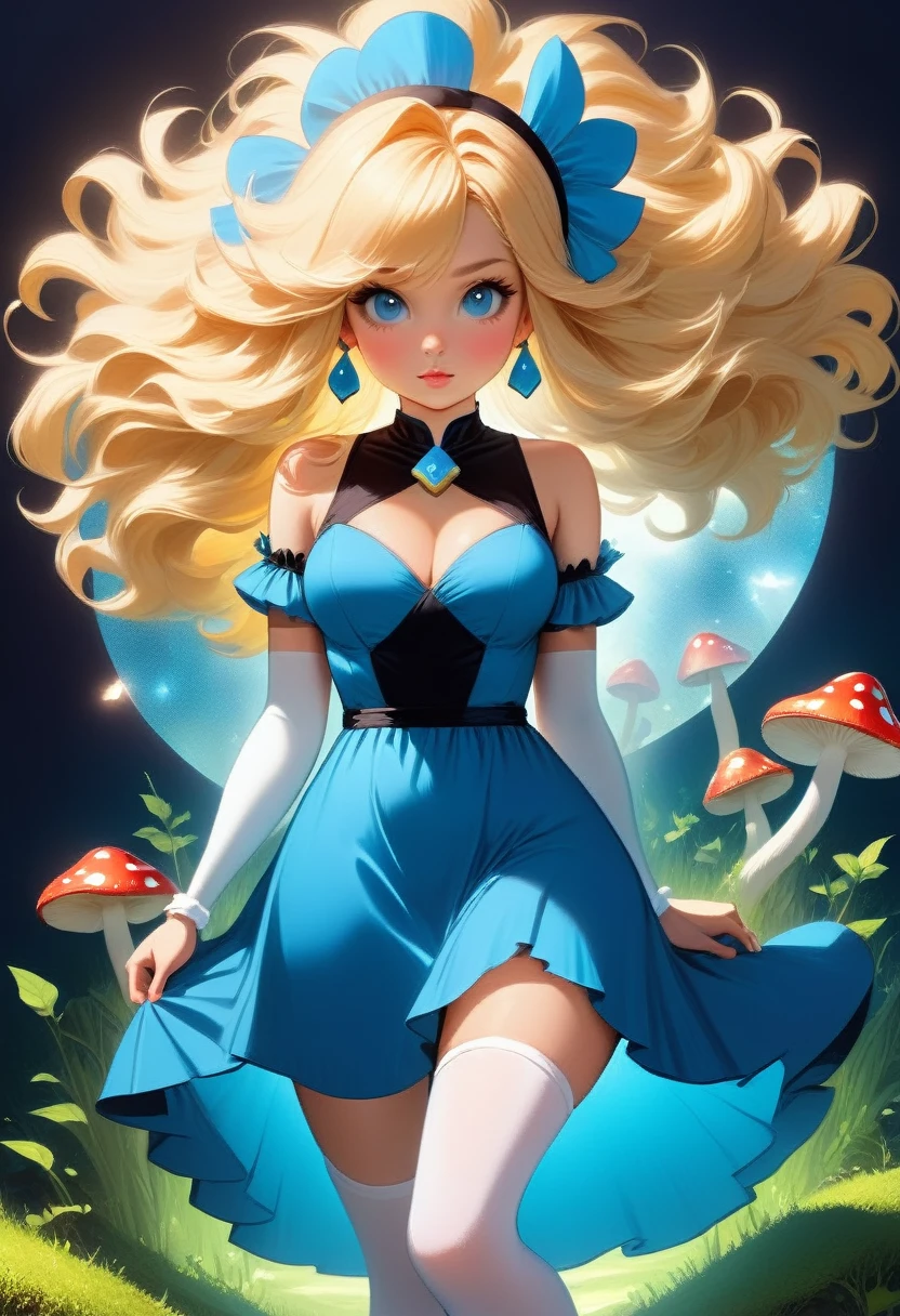 a beautiful 20 year old blonde woman with big messy hair in a blue dress, white stockings, black headband, cleavage, holding a glowing mushroom, fantasy art style, rossdraws cartoon vibrant, alice x. zhang, alice in wonderland cyberpunk, cute detailed digital art, colorfull digital fantasy art, digital fantasy art ), glossy digital painting, rossdraws pastel vibrant, rossdraws 2. 5, rossdraws 1. 0