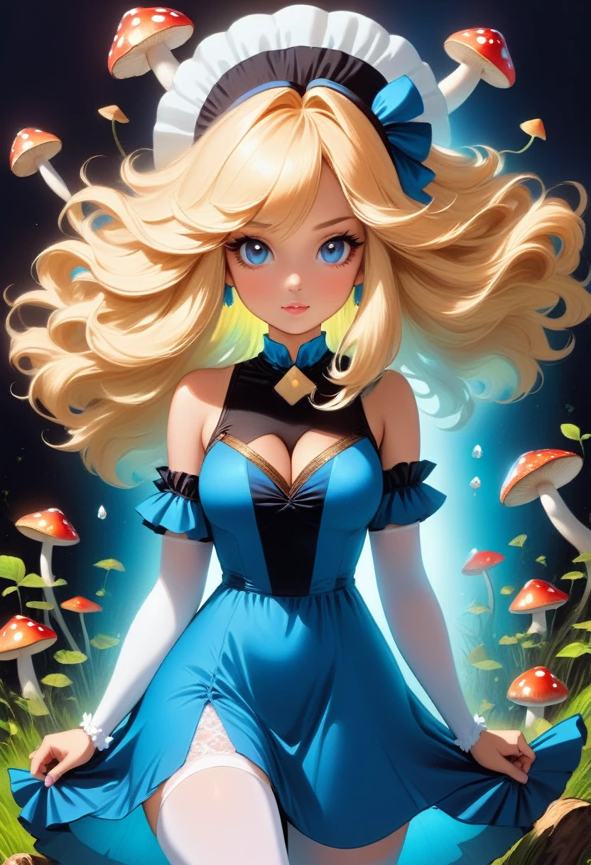 a beautiful 20 year old blonde woman with big messy hair in a blue dress, white stockings, black headband, cleavage, holding a glowing mushroom, fantasy art style, rossdraws cartoon vibrant, alice x. zhang, alice in wonderland cyberpunk, cute detailed digital art, colorfull digital fantasy art, digital fantasy art ), glossy digital painting, rossdraws pastel vibrant, rossdraws 2. 5, rossdraws 1. 0