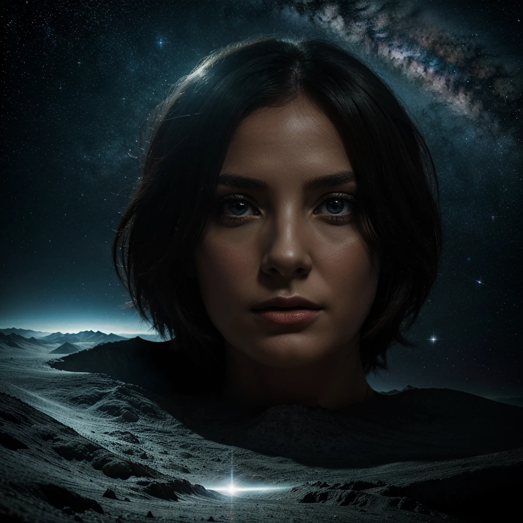 Obscure fantasy, realistic, space background, lady floating in the middle of nowhere