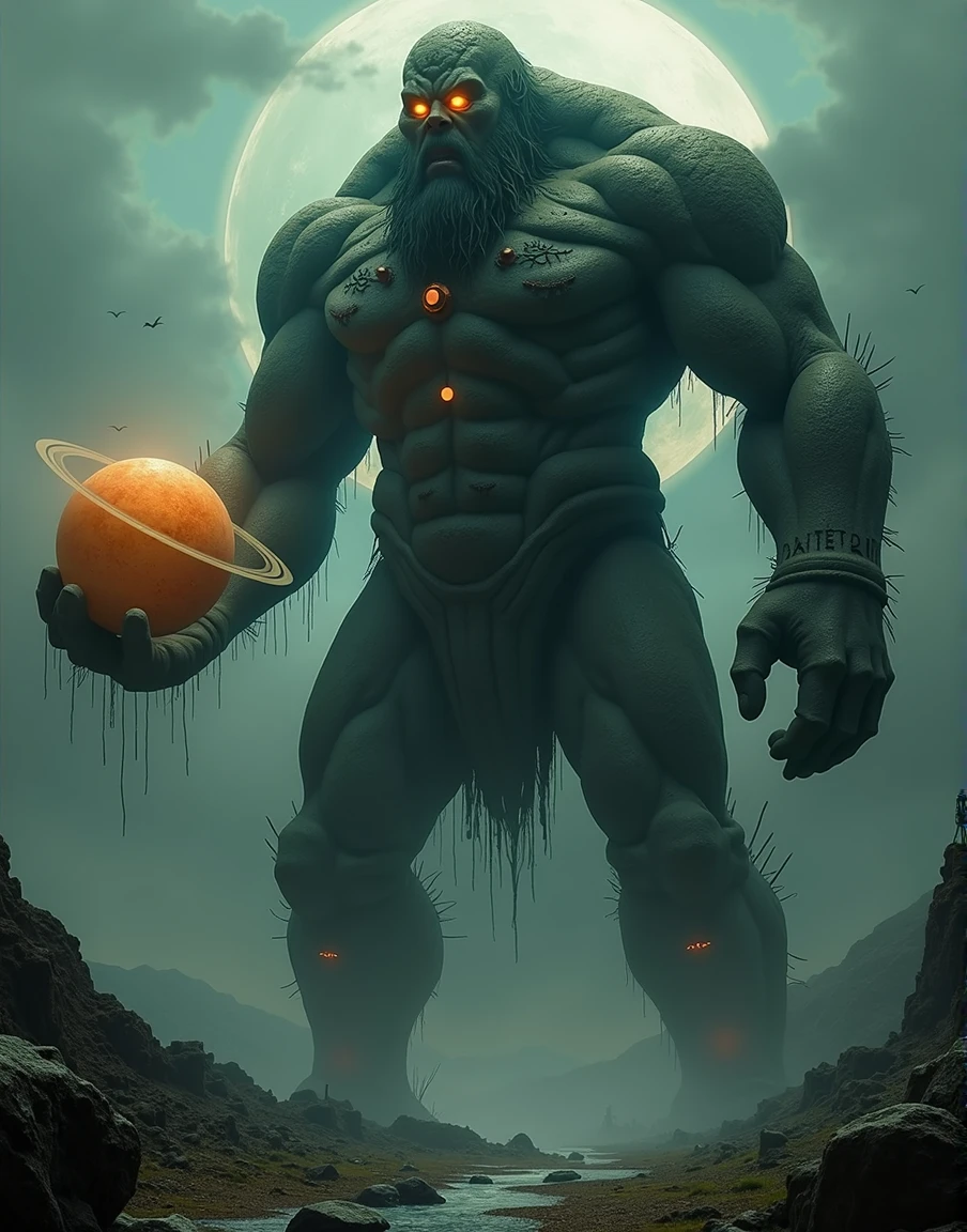 4k highly detailed realistic digital extremely high quality RAW photograph, dark arabian fantasy in the style of hp lovecraft, highly detailed Earth Golem, he gigant and have planet Saturn in your hand, magik protection