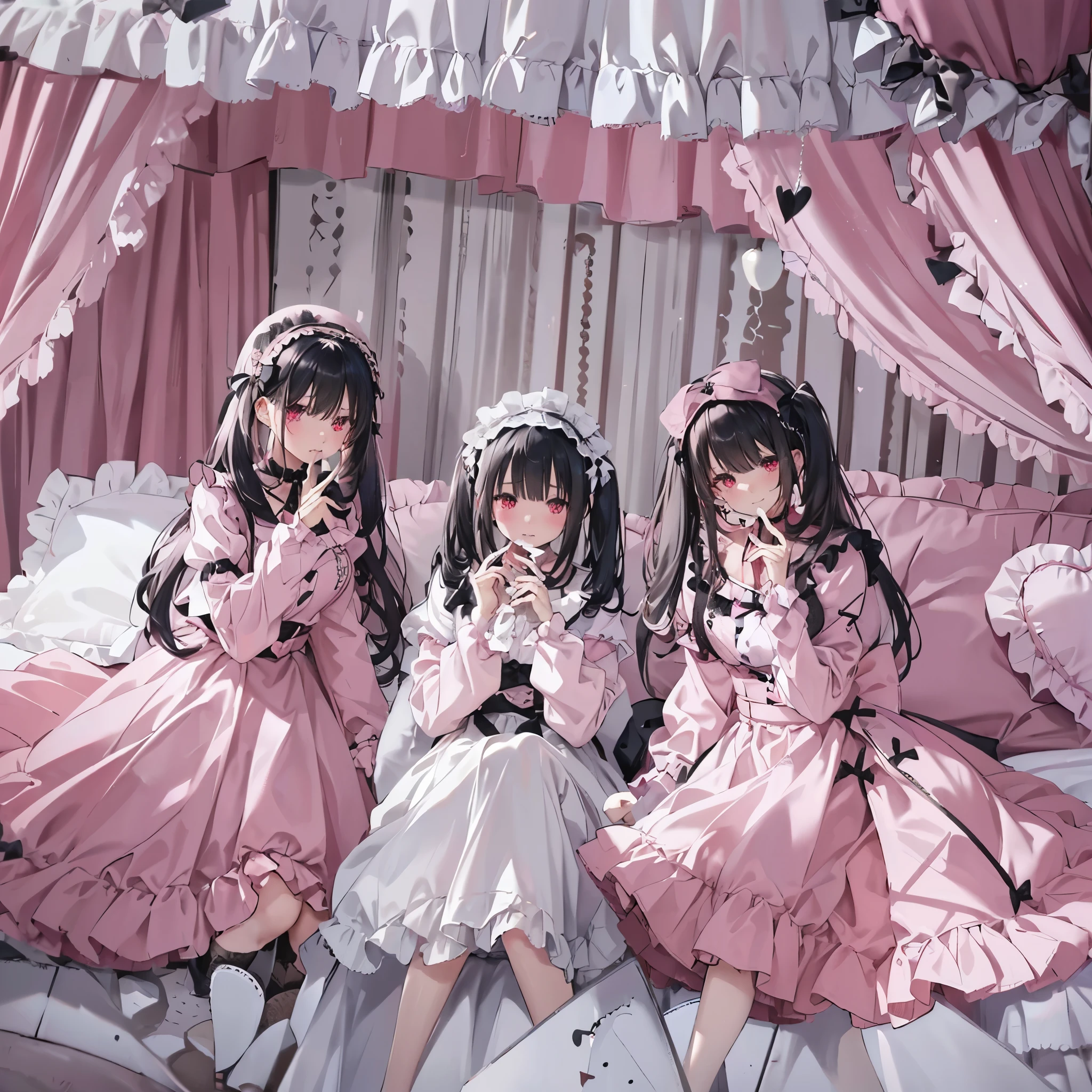 (score_9_, score_8_superior, score_7_superior, sauce_anime, 8k, masterpiece, Highest quality, Very detailed, Very delicate and beautiful, Official Style, Depth of written boundary, Very detailed, so beautiful, Complex, Overall Details, Perfect Anatomy), View your viewers, ((Faint Light:1.2)),
, (Black Hair, Pink Hair, Two-tone hair), Long Hair, two side superior, Black Hair bow, Red eyes, jirai kei, (Cross-strap clothing, Pink Shirt, Long sleeve, Frillsed sleeves),Frills, Black bow tie, Black belt,Black Skirt,Luxurious pink and black head dress with Frillss and ribbons,Detailed headdress, Detailed dress,
Red eyes,Heart Eyes,
Heart Brooch, heart earrings, ring, Manicure, Pink Nails, Black nails, black mouth mask, Black choker,
Holding her hand,Please keep your hands close to your mouth,She's staring at the camera with a greedy face,She seems to be crying.Wicked Smile,
pink canopy bed,Frillsのカーテン,Frillsの付いたピンクの枕,Frills付きの黒い枕,Red pillow with hearts, Very soft bed,A soft Frillsed devet,Soft pillow,Pink balloons,black balloon,
sit, ベッドのsuperiorで, (indole, Hotel Rooms, Love Hotel, Pink Wall, pink bed sheets), (Condom box, Okamoto Condom 0.01), pink smartphone,Smartphone with heart-shaped diamonds,