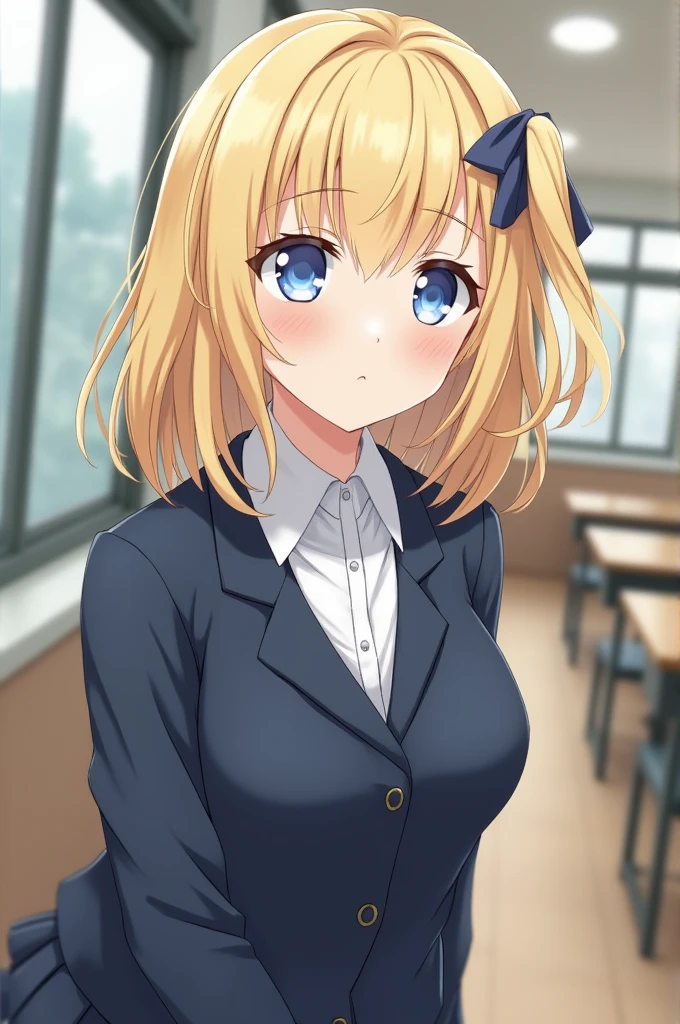 a girl with fair skin, blonde in a japanese school uniform