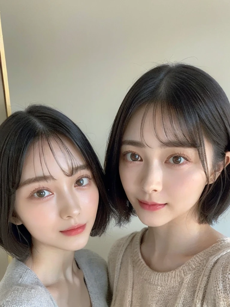 (masterpiece:1.3), (8k, Photoreal, Raw photo, best image quality: 1.4), Japanese high school girl、(random hairstyle:1.2)、cleavage:1.5、super detail face、eye for details、double eyelid、chest to chest、sharp focus:1.2、Beautiful woman:1.4、light brown hair、highest quality、masterpiece、超A high resolution、(Photoreal:1.4)、Highly detailed and professionally lit smiles、loose and light knitwear、shoulder out、thin、serious expression、short haired、deadly position
similar identical twins
All the girls have the exact same face, The two have the same face and figure, as if they were mirror images.