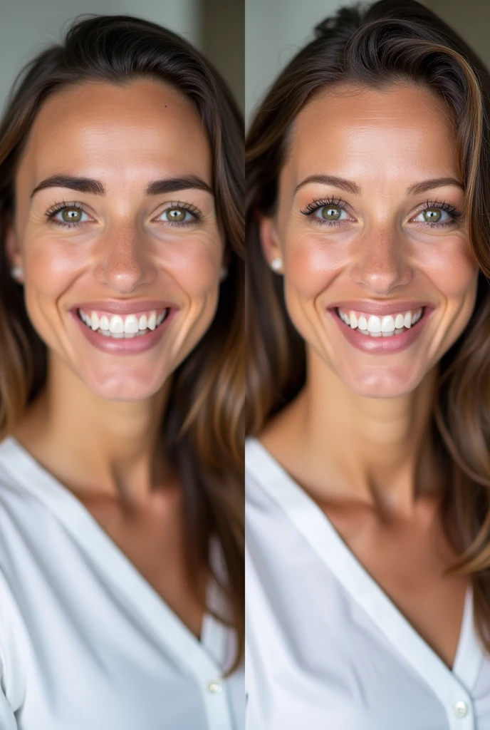 Before and after photo of a mouth after having resin veneers placed on the teeth 