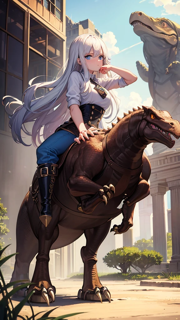 masterpiece, beauty, ultra quality, complete absurdity, 8K Cute Girl Riding Dinosaur, sign of welcome,
Young woman, long hair, White hair, blue eyes, dug up, pants, boots, construction, cutie, looking at the viewer,
Tyrannosaurus rex, huge, formidable, looking at the viewer, brown skin, Hunter's Eyes, scary look,