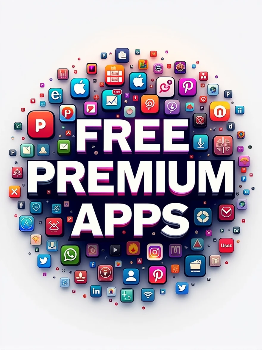 a logo with text Free premium apps,,bacground are small graphics of many apps logo