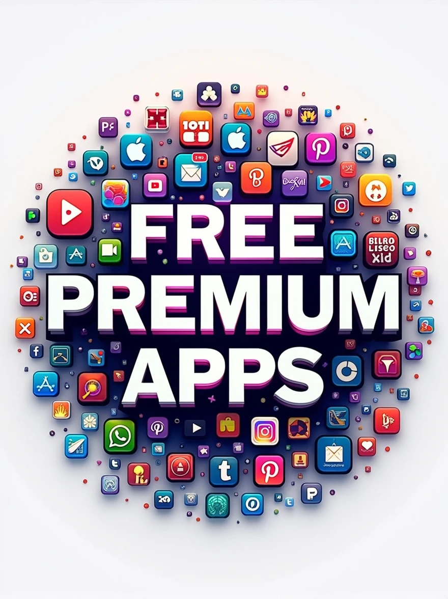 a logo with text Free premium apps,,bacground are small graphics of many apps logo