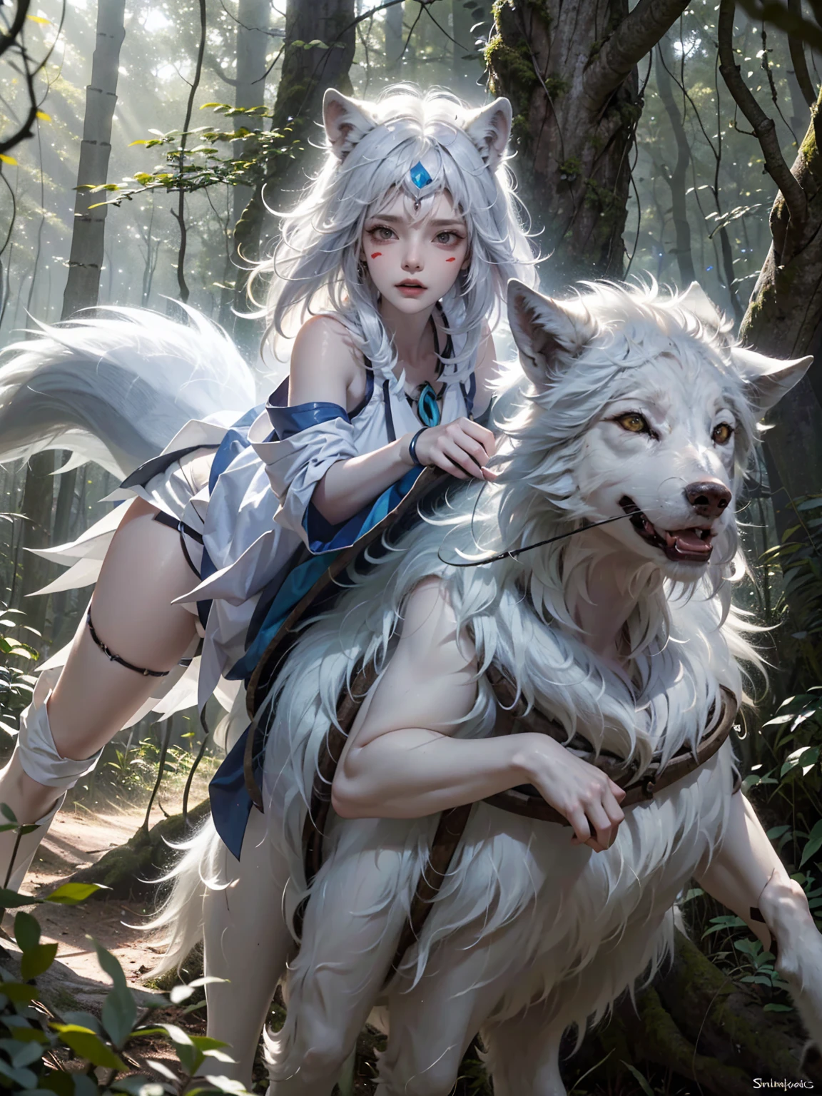 Create a detailed and mystical image of San, the protagonist from Princess Mononoke,(( riding a large, white wolf through a dense)), ancient forest. The scene should capture the magical and ethereal atmosphere of the forest, with tall, moss-covered trees, and shafts of light filtering through the thick canopy. San should be depicted in her iconic attire: a white fur cloak, tribal markings on her face, and a determined, fierce expression. The white wolf should appear powerful and majestic, with a calm but alert demeanor. The overall mood should convey a deep connection between San, the wolf, and the natural world around them, evoking the spirit of the forest