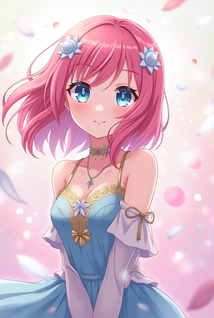 Female anime character with pink hair and light blue eyes 