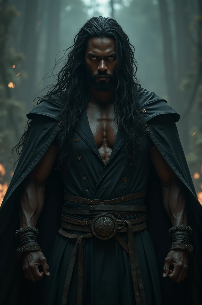 A muscular man with a beard and long black hair, angry, the skin of a lion is tense, he has an ax in his hand, he is angry, it is raining and a storm is falling, and there is a broken sword on his back, a muscular man with a grim pose, a beautiful and fierce face, like a villain, his eyes are red is, high quality, masterpiece --auto