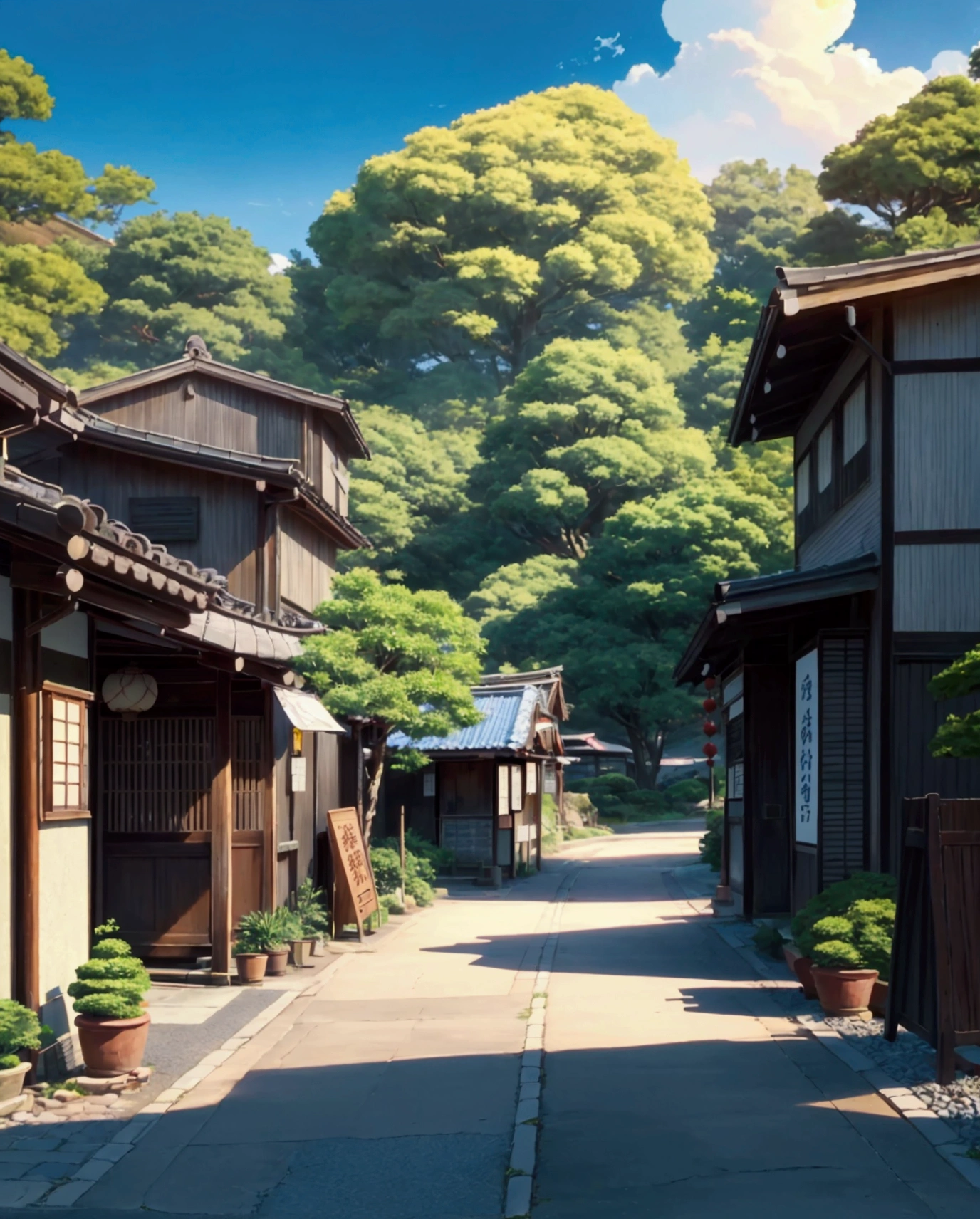 there is a ((modern)) ((japanese shop)) on the side of a path by itself, (japanese banners) and signs on the shop, (vibrant), morning, bright-blue sky, ((dramatic weather,)) anime scenery, japanese town, beautiful anime scenery, beautiful anime scene, japanese neighborhood, anime background art, japanese street, anime landscape, japanese village, anime landscape, japanese city, anime nature, anime beautiful peace scene, tokyo - esque town, anime scenery concept art, detailed scenery, cinematic lighting, god rays, glowing light, reflection light, close-up, lens flare, masterpiece, high details, best quality, super detail, high quality, anime background, anime wallpaper, sunny weather, bright blue sky, dramatic lighting, (((anime scenery of a street with a path and a house))), ((countryside)), ((rural)), (japanese shop signs), (plant pots), (plants), (trash cans), ((vending machine)), (((no one))), (((no people)))