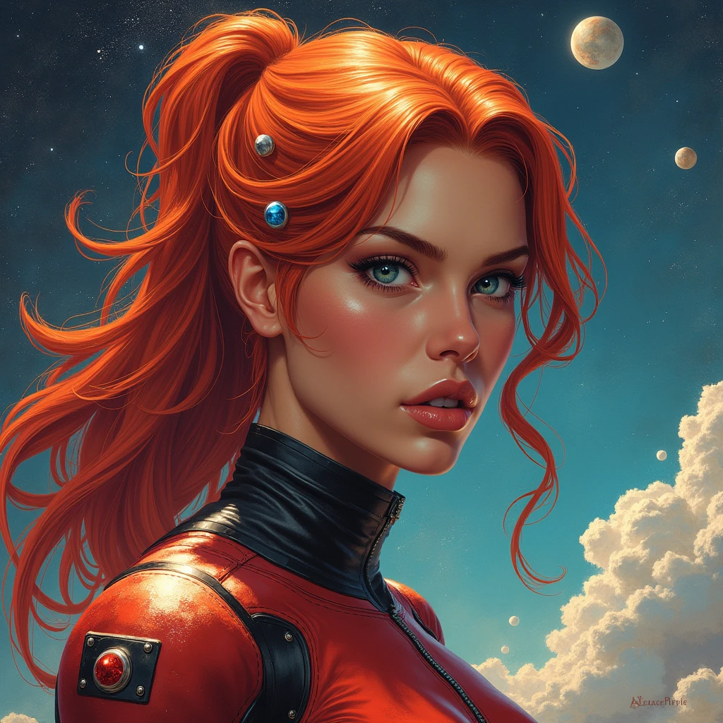  muscular woman mesmerizingly beautiful REDHEAD CARAMEL diamond zero suit samus FLYING IN SPACE GALAXY front portrait face to waist, advanced punk figurative art background, estilo alex petruk
