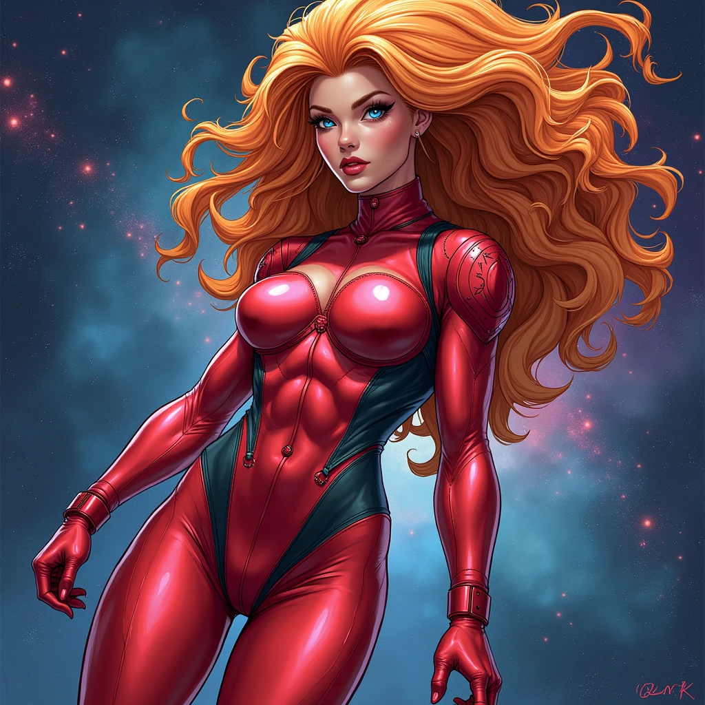 muscular woman mesmerizingly beautiful REDHEAD CARAMEL diamond zero suit samus FLYING IN SPACE GALAXY front portrait face to waist, advanced punk figurative art background, estilo alex petruk
