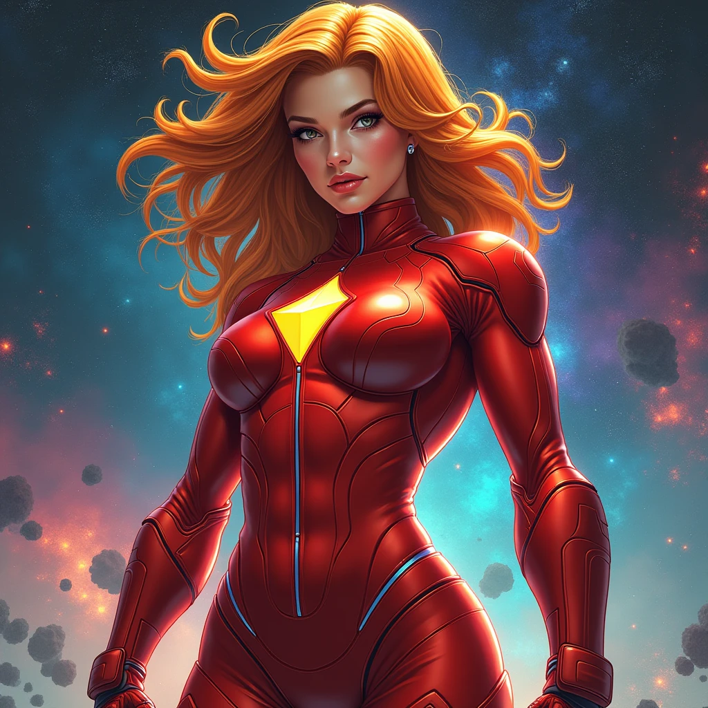  muscular woman mesmerizingly beautiful REDHEAD CARAMEL diamond zero suit samus FLYING IN SPACE GALAXY front portrait face to waist, advanced punk figurative art background, estilo alex petruk
