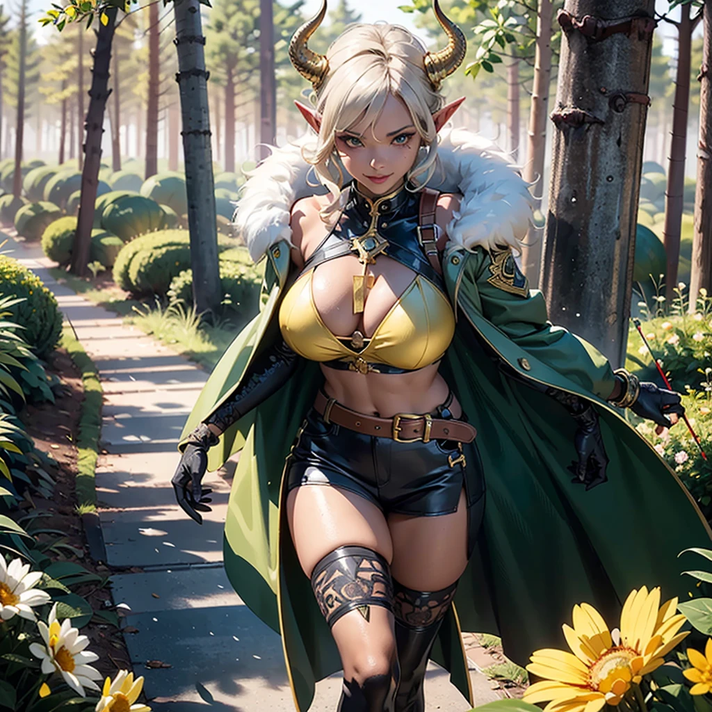 ((best quality)), ((masterpiece)), (detailed), 1 women pornstar elf dark knight, 8k_wallpaper, extremely detailed eyes, (large masterpiece digital art), (intricate details:1.3 ), (ultra-detailed:1.3), (sharp focus:1.3), (natural lighting:1.05), (vivid colors:1.3), (best quality:1.4), high quality, expressive eyes, full body, detailed face, beautiful face, perfect face, ((hair sandy white curls)), ((indigo horns)), (gold eyes), {{dark skin}}, ({dark skinned female}), big breasts, huge chest, powerful relief muscles of the abdomen and legs, powerful strong muscles of the arms, cruel predatory and cold-blooded arrogant look and smile, a green coat with a white fur collar, a wide red belt with a large steel yarn, gold-colored steel shoulder pads in the shape of a dragon's head, red leather gloves, a quiver of arrows and a hiking backpack, walking along a path against the backdrop of a field of blooming flowers and a forest,