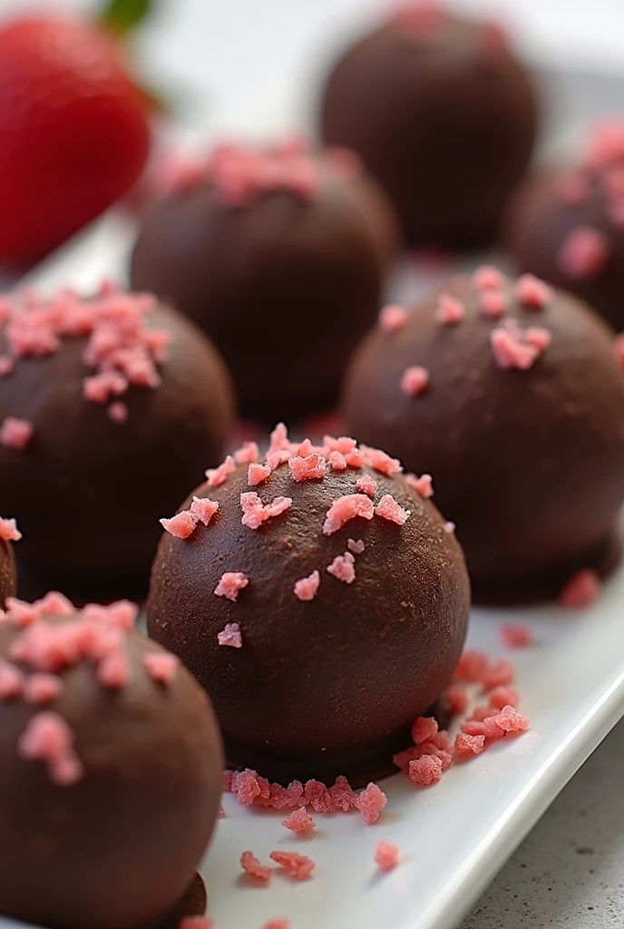 images of handmade truffles, as if a professional photographer had taken photos, the flavors of chocolate truffles are: strawberry, passion fruit, chocolate
