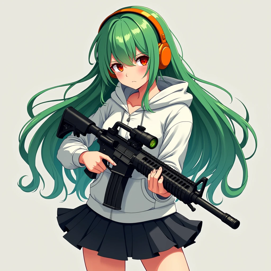 White hoodie、Black miniskirt、Her hair is long and green in color、Eye color: Red、High school girl wearing orange headphones, no bag、With an assault rifle