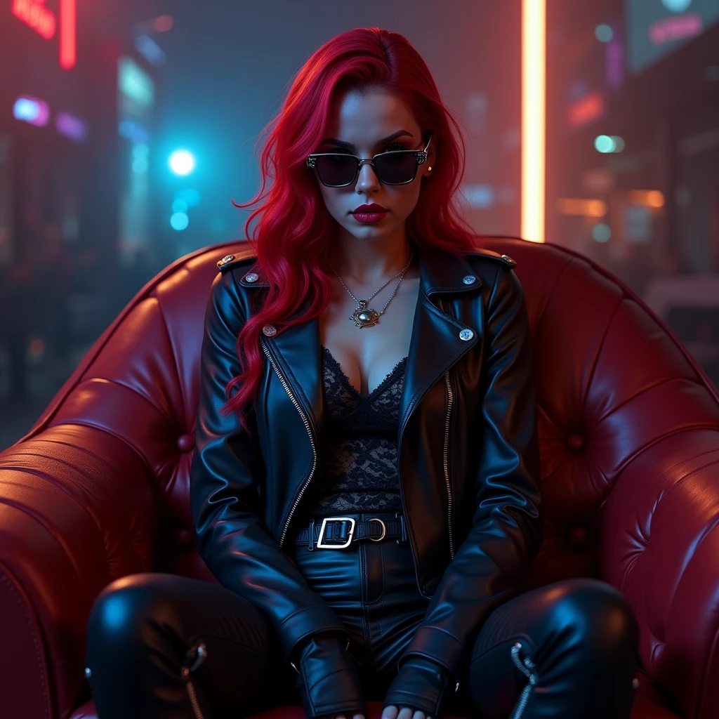 there is a woman in leather clothes and sunglasses sitting on a sofa, on cyberpunk style, angry beautiful cyberpunk goddess, amouranth as a super villain, cyberpunk vibes, as overwatch character, cyberpunk judy alvarez, Beautiful Delfina, loba andrade de apex legends, in a cyberpunk setting, cyberpunk oppai, vi de League of Legends, Black Jessica