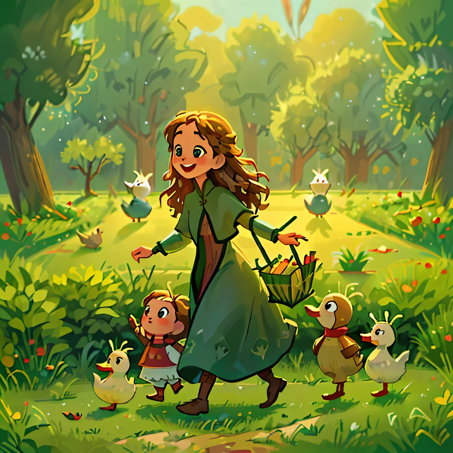 (high resolution: 1.2),Happy moment, medieval mother and 2 daughters, go shopping at village market, cheer, bunnies and duck, beautiful detailed eyes, lush green garden, long flowing hair, traditional medieval clothes,