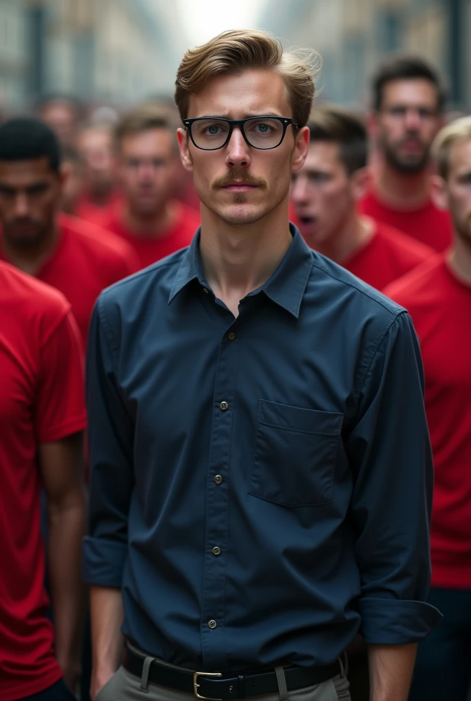 Young man approaching 30 years old and serious blond with a mustache and glasses, wearing a long dark blue dress shirt, with a red shirt dressed crowd behind in anger
