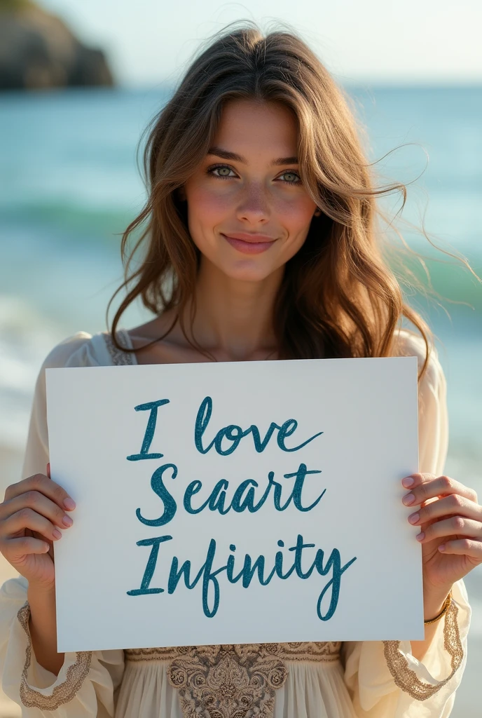 Beautiful girl with wavy long hair, bohemian dress, holding a white board with text "I Love Seaart Infinity" and showing it to the viewer