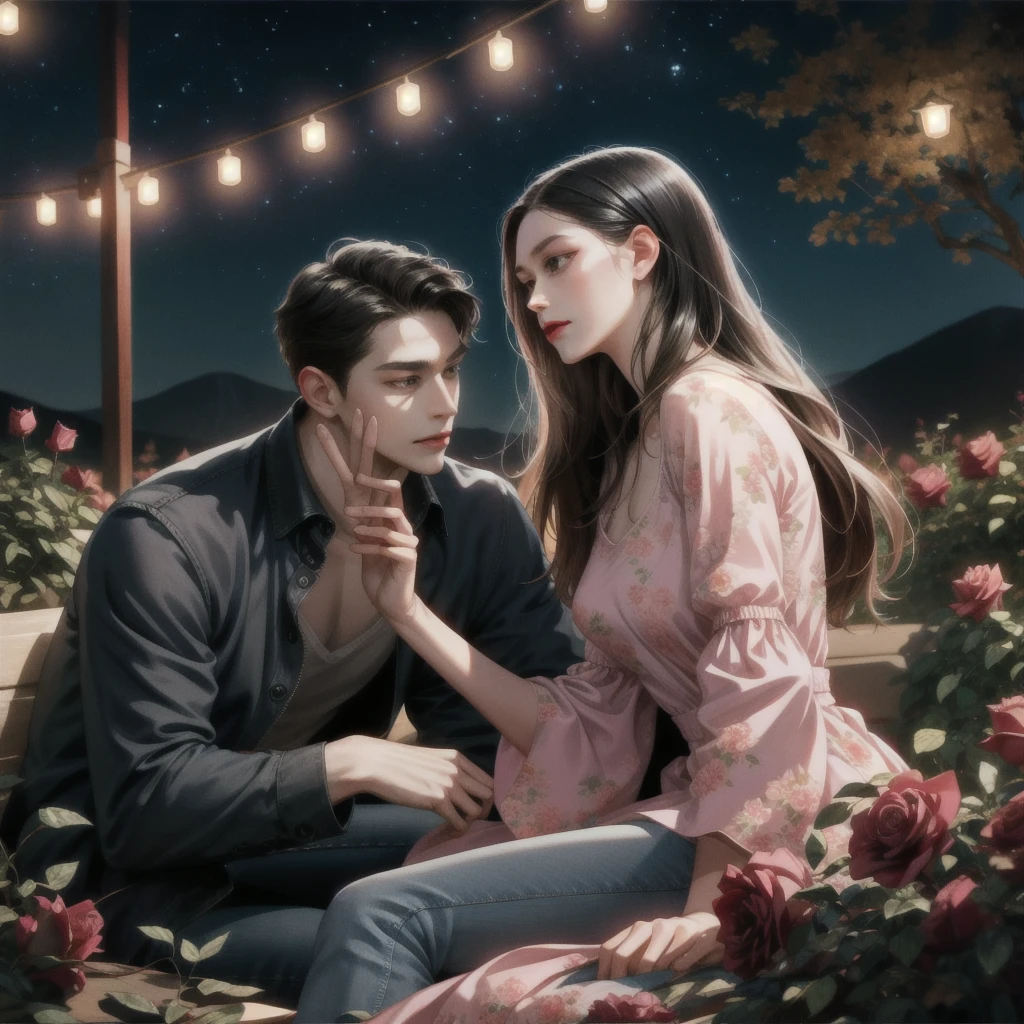 Happy couple, 1 girl 1 boy, Different hair color, Extraordinarily detailed face, Long black bangs and brown eyes. A young woman with long hair, a hair clip, a hair pin.,, A man with black hair, an open forehead, and dark grey eyes.,, Face to face, 35 years old, , (Young woman in a pink floral dress), (Young man in jeans ), The light is dim.,, The boy is tall, has broad shoulders, a sharp face, and fierce eyes., Height difference , Background, night, grassland, lights, sitting, summer, desert, Pink clouds, A land full of roses, Art Station Display, Ultra Wide Lens, high definition,