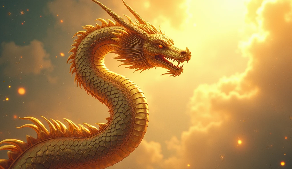 "Create an illustration of a golden dragon deity. It should have serpent-like, metallic scales, ascending upwards, against a clear and bright sky. This illustration embodies spirituality, the realm of the spirit, chakras, the spiritual world, and a fantastical atmosphere. in the garden of Eden 32k UHD" 