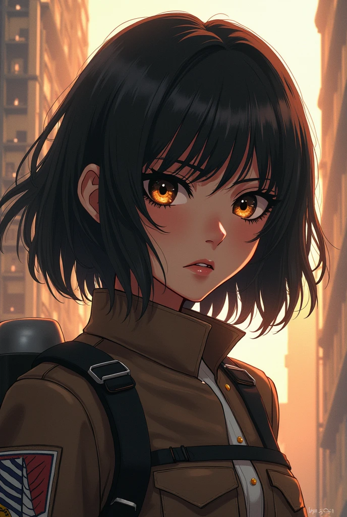 Attack On Titan Art style. A girl with dark brown mid-length hair. Long lashes and hazel colored eyes.
