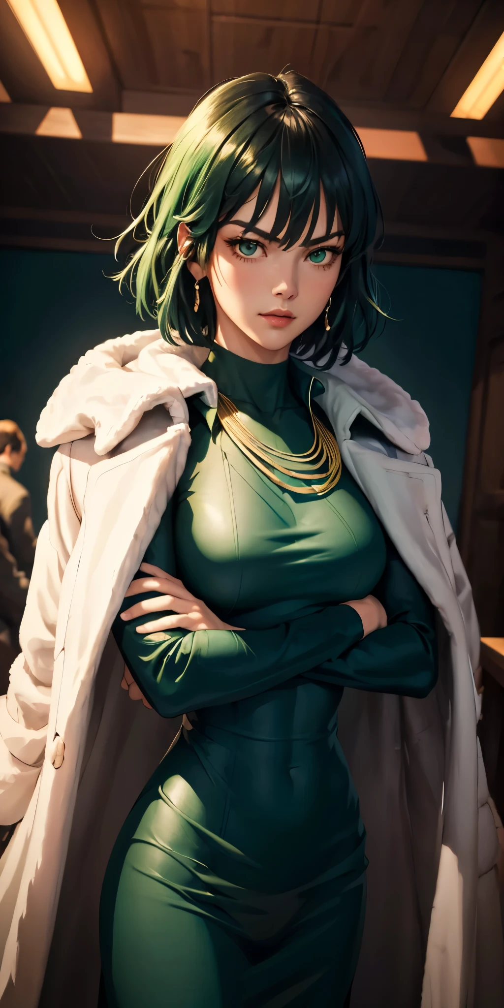 (best qualityer:1.2), cowboy shot, standing alone, 1 girl, fubuki, unexpressive, crossed arms, hair green, tight clothing, fur coat, jewelry, necklase, illustration style or oil painting, swirly vibrant colors, dramatic lighting