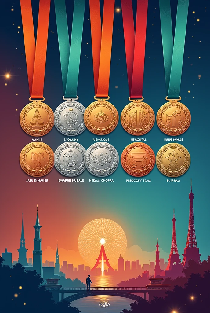 Medal Representation:
At the top or bottom of the poster, showcase a row of Paris Olympics medals with names of Indian athletes like Manu Bhaker, Swapnil Kusale, Neeraj Chopra, and the Indian hockey team, highlighting their achievements. Use bronze, silver, and gold colors to make the medals stand out.