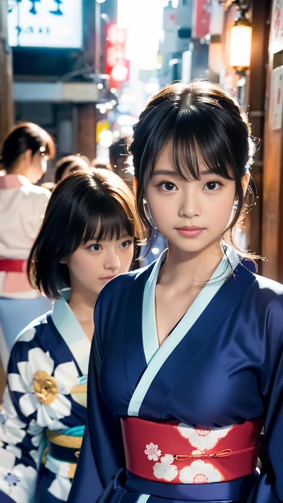 masterpiece, Highest quality,16K, Ultra-high resolution,The light and shadow of reality,Cinema Lenses,((Her waist is so slim and beautiful)),((High nose、Small Mouth)),((Clean and slim face line)),((Big dark eyes with long eyelashes)),((Very small face))((Very slim and beautiful arms)),((She is very thin and has a great figure)),((Pure white beautiful skin)),((Cute Japanese Girls)),(((Wearing a bright navy blue kimono、yukata))),((Walking the streets of Tokyo)),(Beautiful Eyes:1.1),Reflecting clear eyes and a gentle smile,