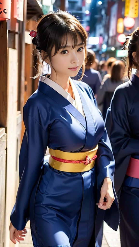highest quality, masterpiece, Ultra-high resolution, At the Japan temple, (Realistic:1.4), smile, One beautiful woman,),((Homongi)), (yukata), geisha, warrior, Huge Ass,Huge breasts, silk clothes, Proper attire, Beautiful kimono, Wide Camera, whole body