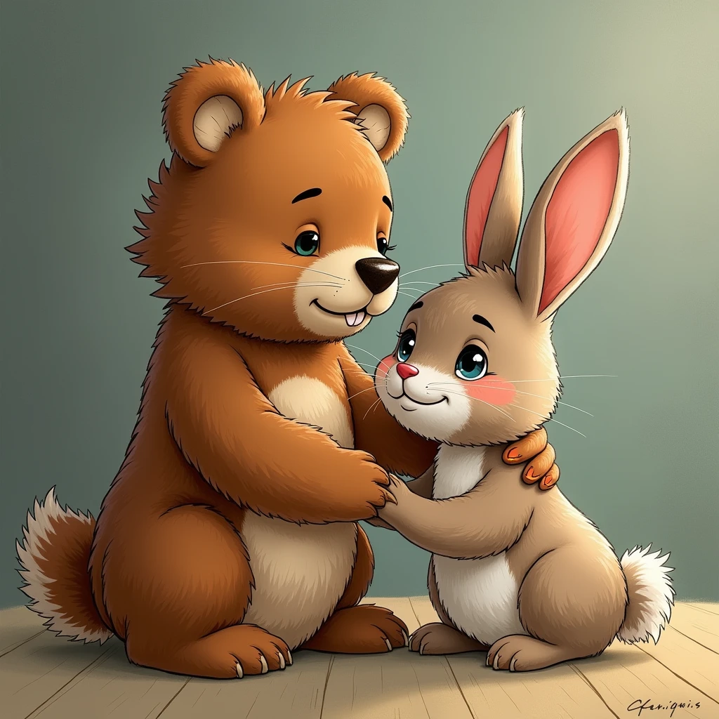 "Benny the bear gently placing his paw on Rosie the rabbit's shoulder, comforting her. Rosie’s eyes are filled with tears, but she looks relieved as Benny reassures her that everything will be okay."