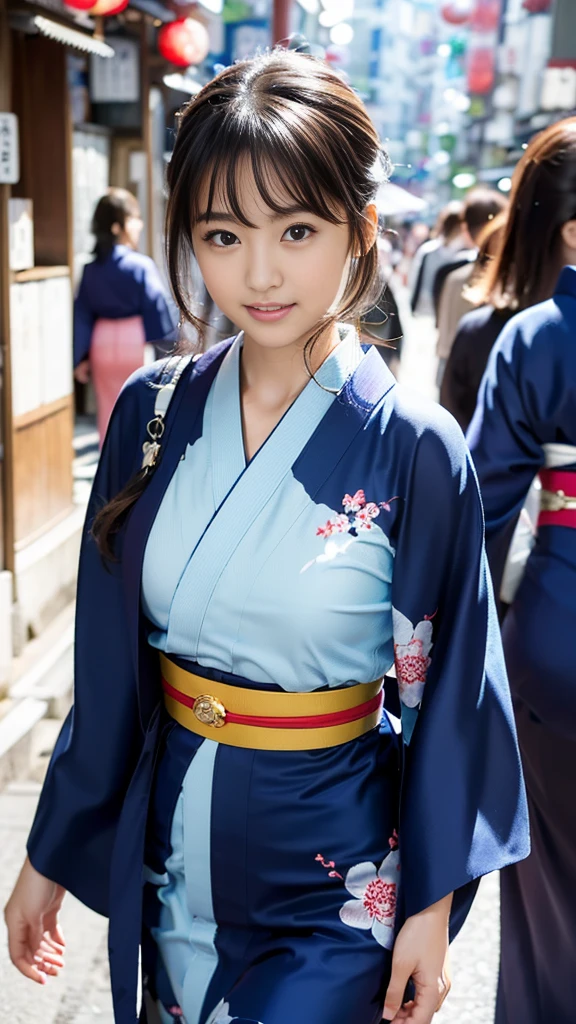 masterpiece, Highest quality,16K, Ultra-high resolution,The light and shadow of reality,Cinema Lenses,((Her waist is so slim and beautiful)),((High nose、Small Mouth)),((Clean and slim face line)),((Big dark eyes with long eyelashes)),((Very small face))((Very slim and beautiful arms)),((She is very thin and has a great figure)),((Pure white beautiful skin)),((Cute Japanese Girls)),(((Wearing a bright navy blue kimono、yukata))),((Walking the streets of Tokyo)),(Beautiful Eyes:1.1),Reflecting clear eyes and a gentle smile,