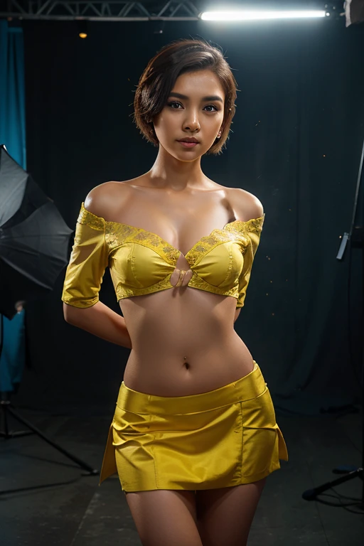 A beautiful woman with short hair wearing a yellow Indonesian kebaya poses in a photo studio with a light blue studio background with flashes of lightning like lightning.