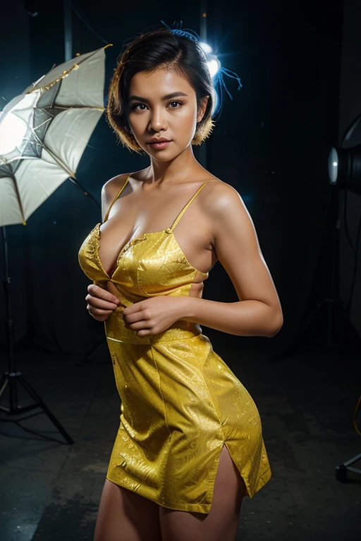 A beautiful woman with short hair wearing a yellow Indonesian kebaya poses in a photo studio with a light blue studio background with flashes of lightning like lightning.