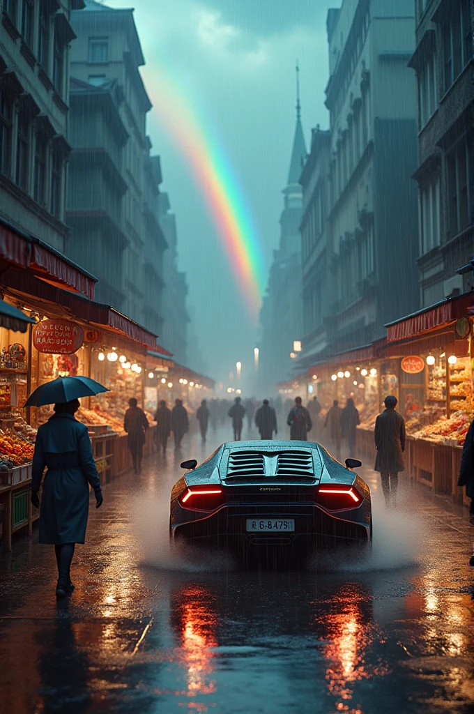 Atmosphere is full of rain and the sky in the rain bow some people are walking with umbrella and some were rain coat and so many crowd in the road ... Middle in the market ao many stalls , and I was drive a Lamborghini with enjoying rain