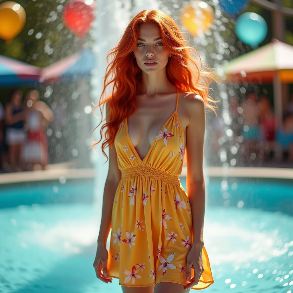beautiful CARAMEL RED HAIR short loose dress at the water fountain , fluorescent leather gold blue transparent floral background skin , Neon Light Amusement Park Balloon Sunny Day